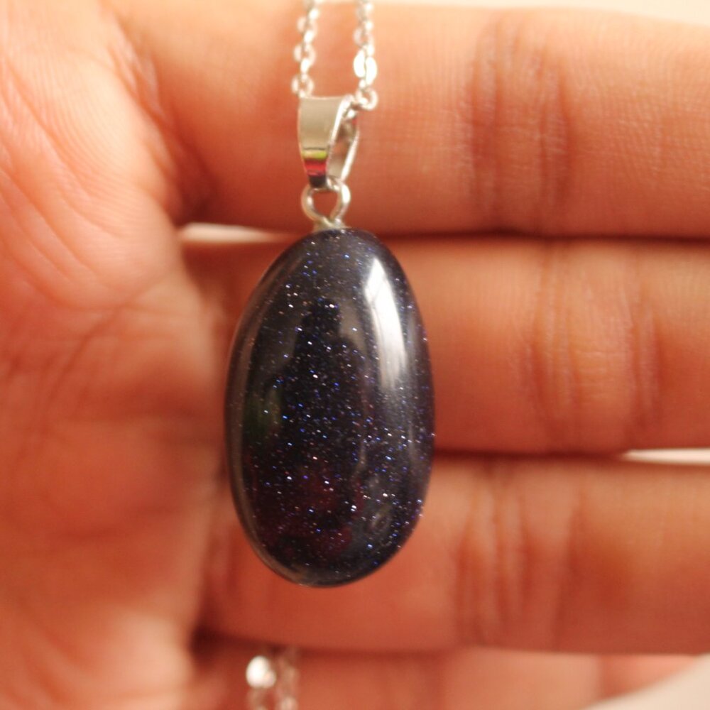 Blue Goldstone Oval Sparkle Pendant Necklace – Silver Chain - Picture 3 of 7